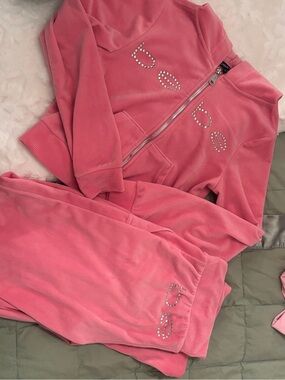 Bebe Pink Velour Zip Hoodie with Branded Silver Zipper